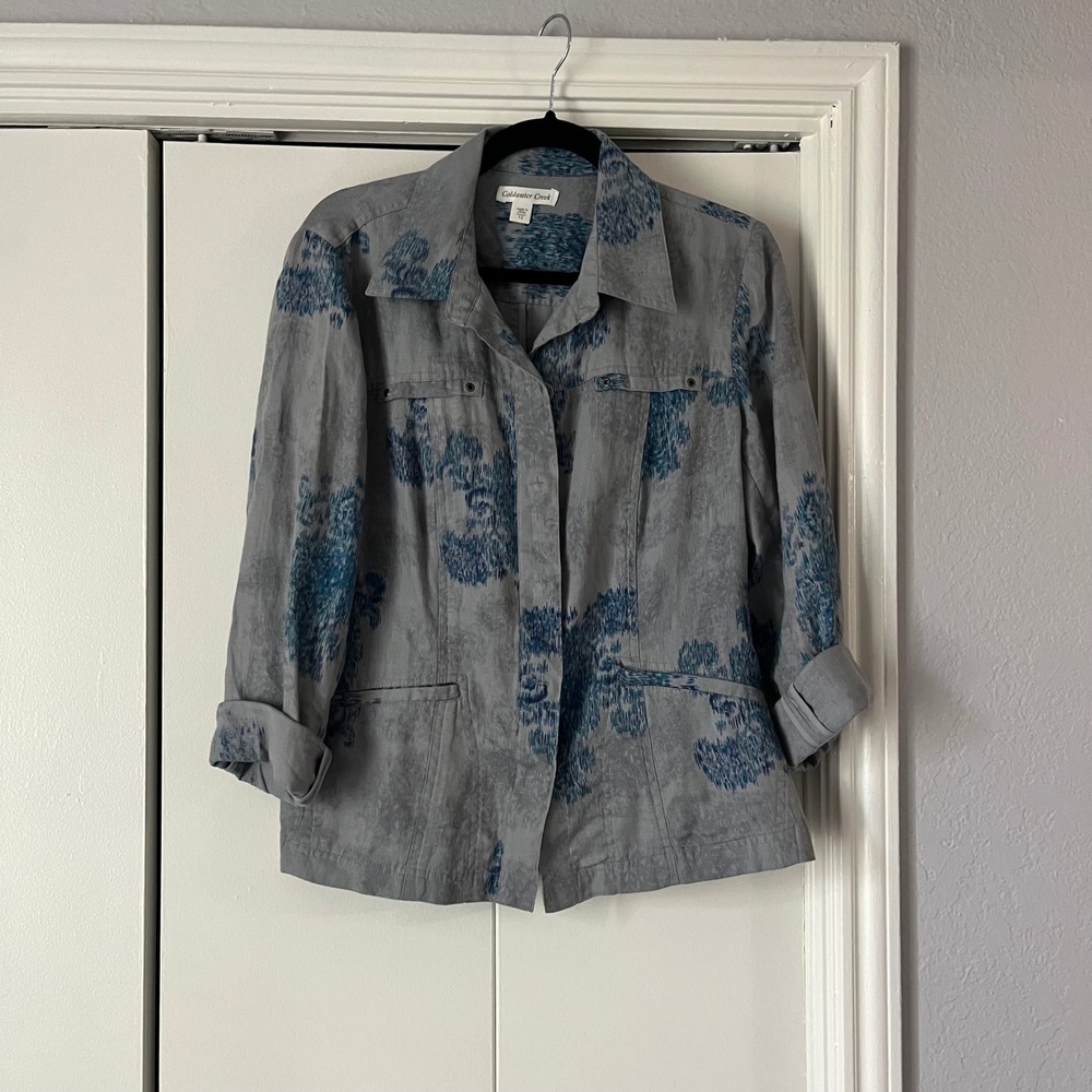 Coldwater Creek Floral Print Button Down Shirt‎ Jacket Collared Gray Blue 12